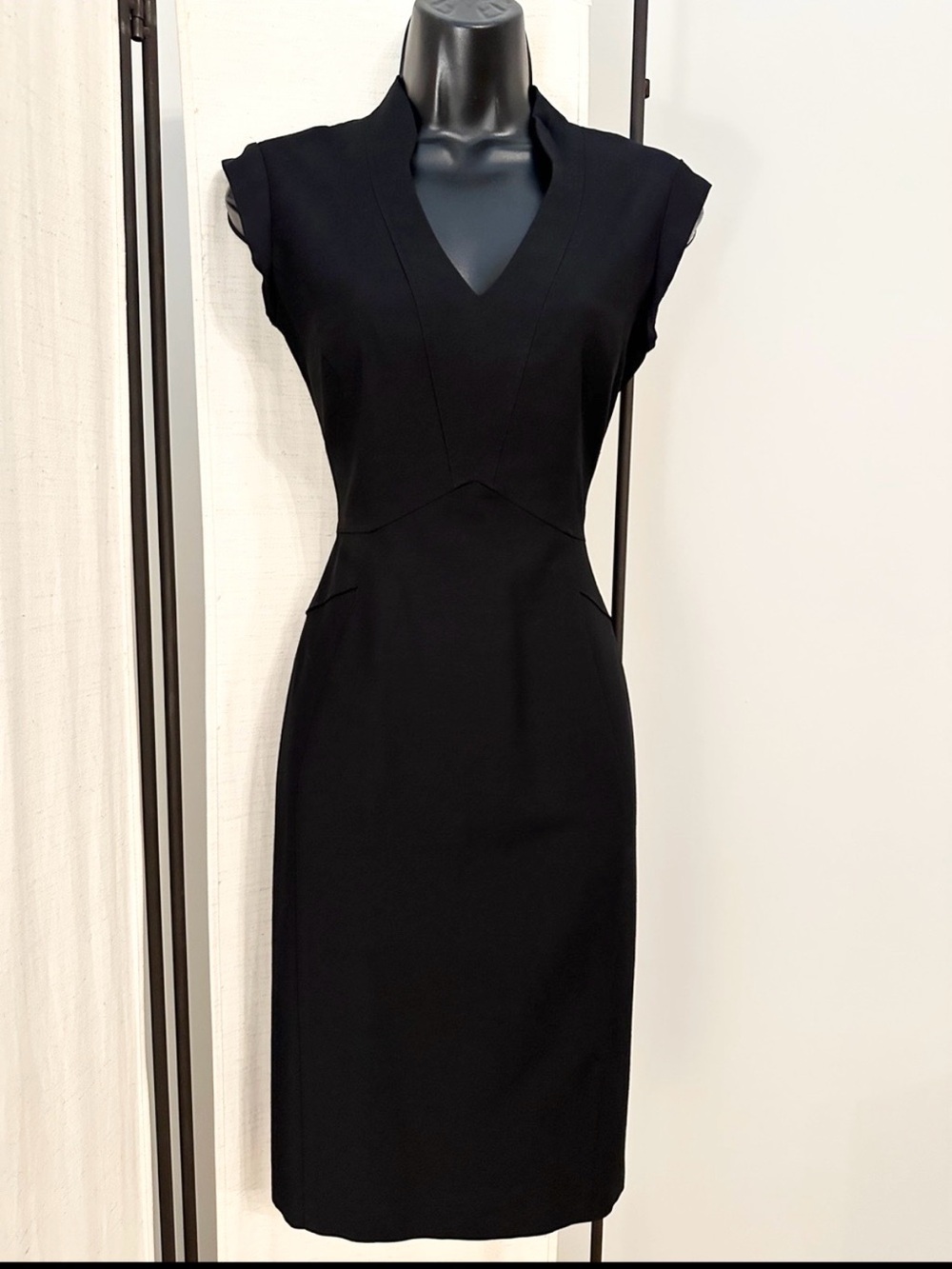 Reiss Black V-Neck Cap Sleeve Midi Sheath Dress - Picture 7 of 16